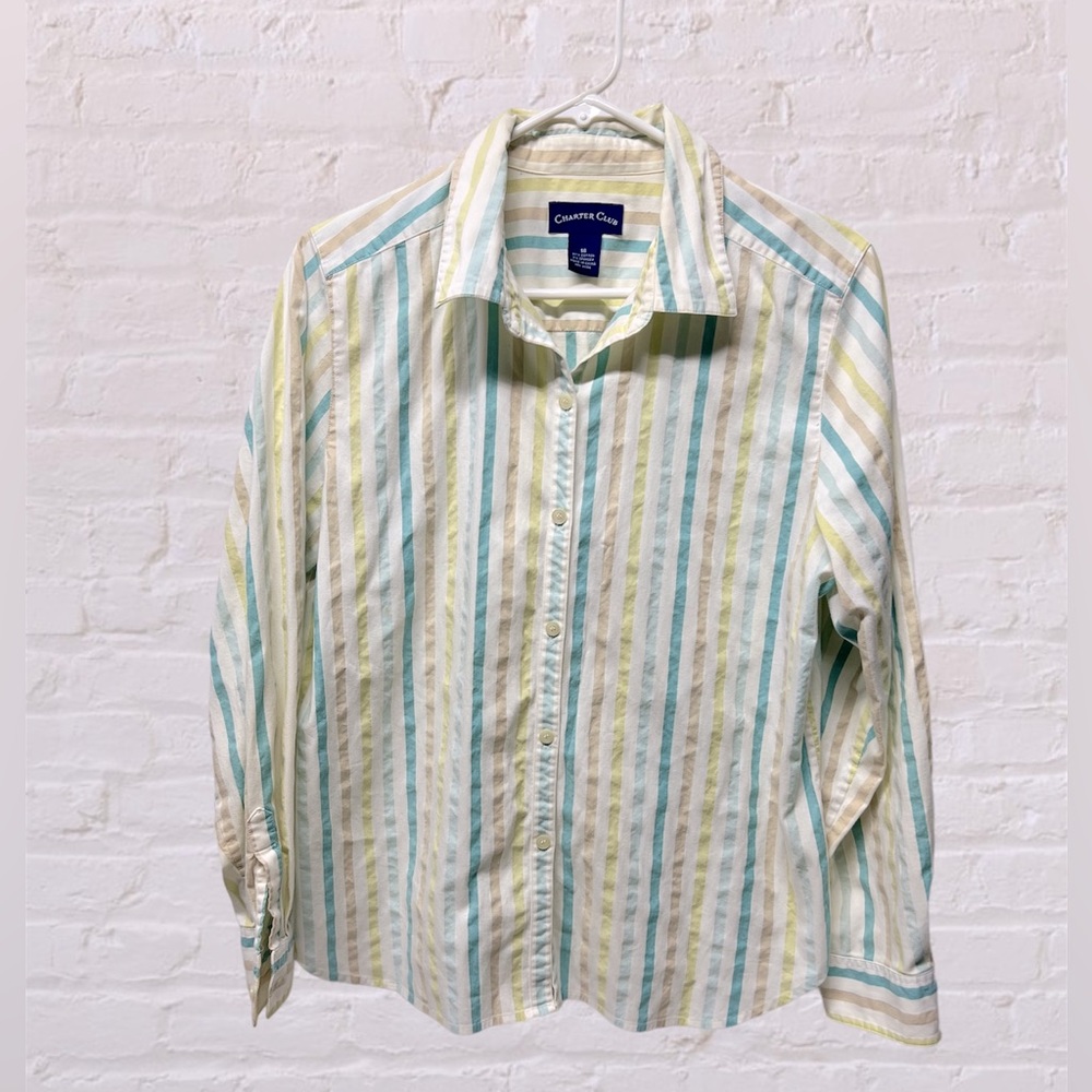 Charter club button front cotton blend light green tan white striped top